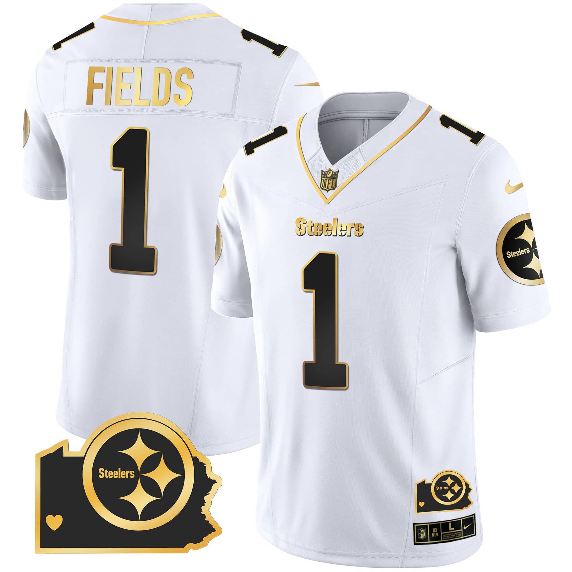 Men Pittsburgh Steelers 1 Fields White Gold 2024 Nike Home Patch Vapor Limited NFL Jersey